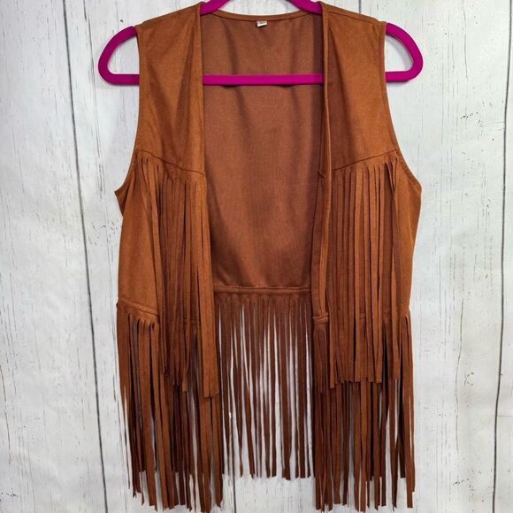 Unbranded Jackets & Blazers - Brown Faux Suede Fringe Vest L Western Boho Chic Rodeo Festival Cowgirl Country